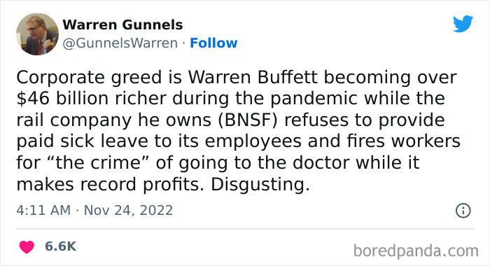 10. Warren Buffett's wealth vs. rail workers' unpaid sick leave