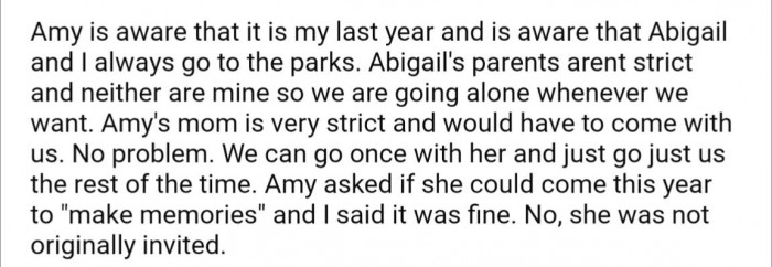 Understandably, Amy wanted to join OP and Abigail since it would be the last time they could all go together