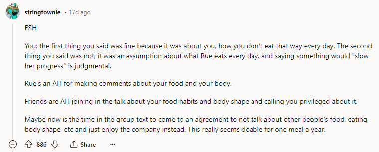 Rue's an AH for making comments about your food and your body