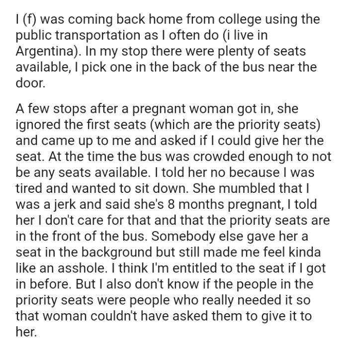 At the time the pregnant lady met the OP, the bus was crowded enough to not be any seats available