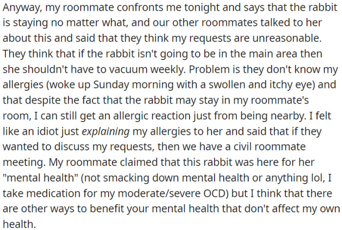 All roommates believe OP's requests are unreasonable, and OP feels the need to explain her allergies