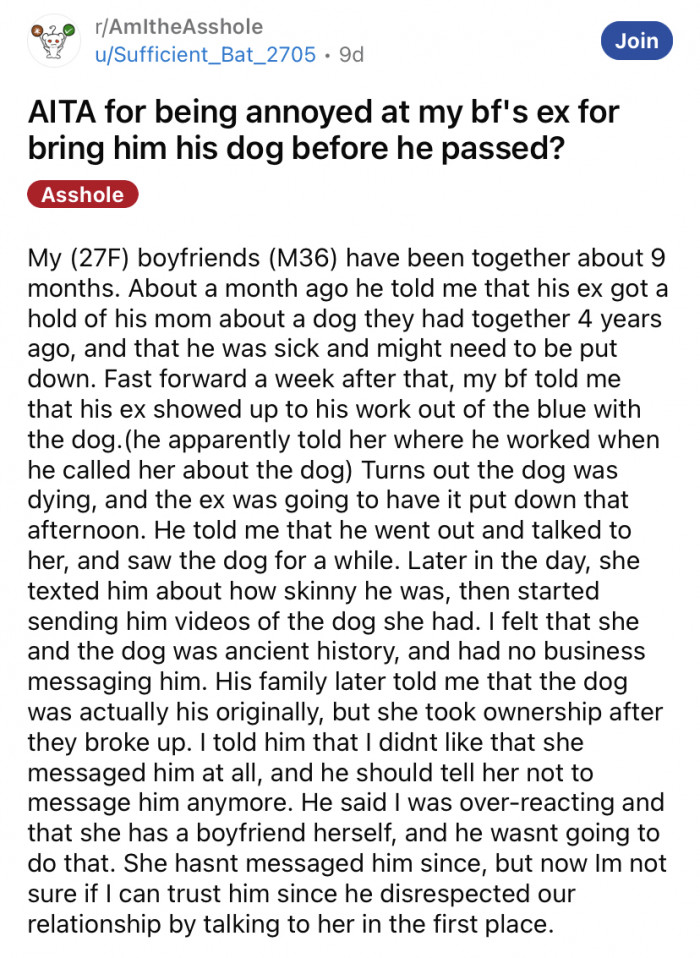 The Reddit user shared a story about how her boyfriend's ex made contact with him unexpectedly.