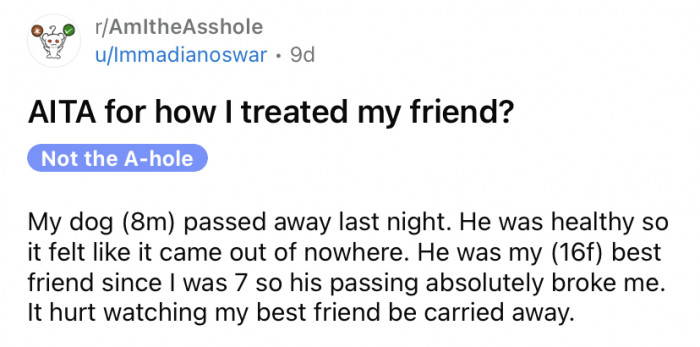 The OP shared a story about how her best friend let her down when dog passed away unexpectedly.