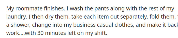 After a laundry frenzy, they miraculously returned to work with only 30 minutes left on their shift, showcasing impressive multitasking skills.