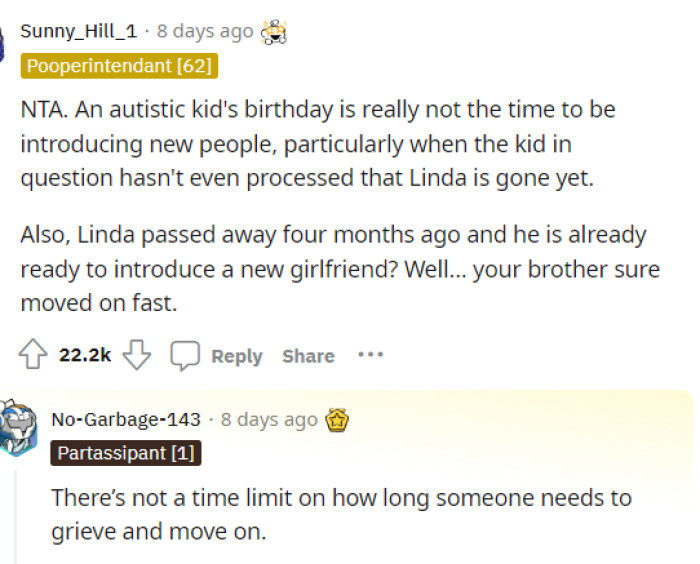 The first comment says that they do agree with OP in saying that the birthday party is not the best place to introduce the new girlfriend.