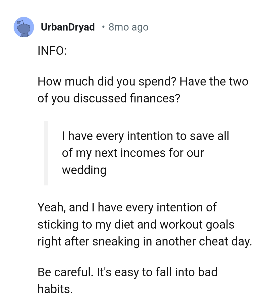This Redditor has every intention of sticking to their diet and workout goals