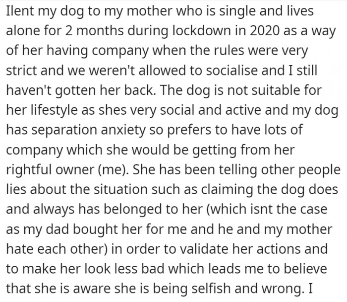 When it was time to return the dog, OP's mom started telling lies that the dog has always been hers