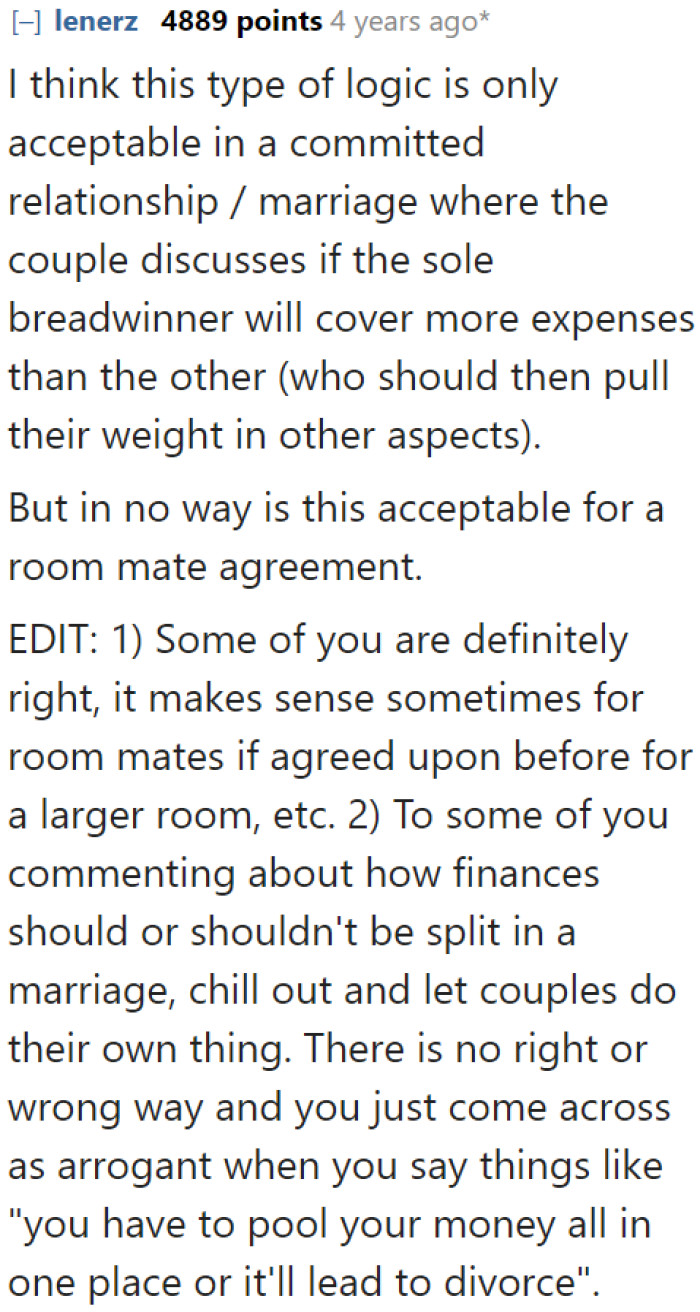 What the FB user wants isn't ideal between roommates. The setup is okay between SO's and married couples.