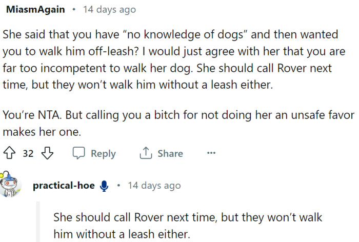 Here, you person without any knowledge of dogs, you must walk my dog without a leash