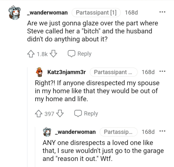 The husband did nothing when his wife was called names