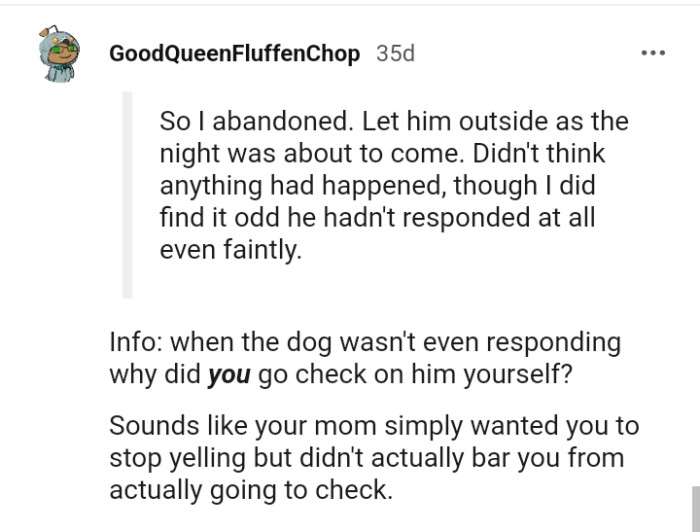 This OP wants to know why the OP didn't go and check on the dog personally