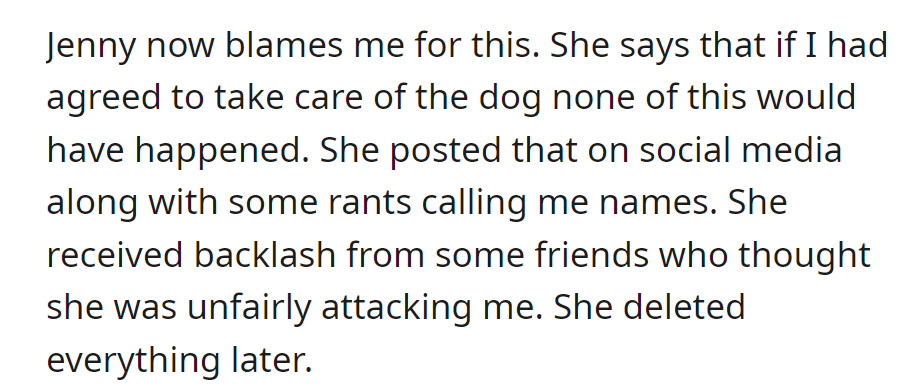 But Jenny blamed OP for her dog's accident, posted rants on social media, faced backlash from friends, and deleted everything later.