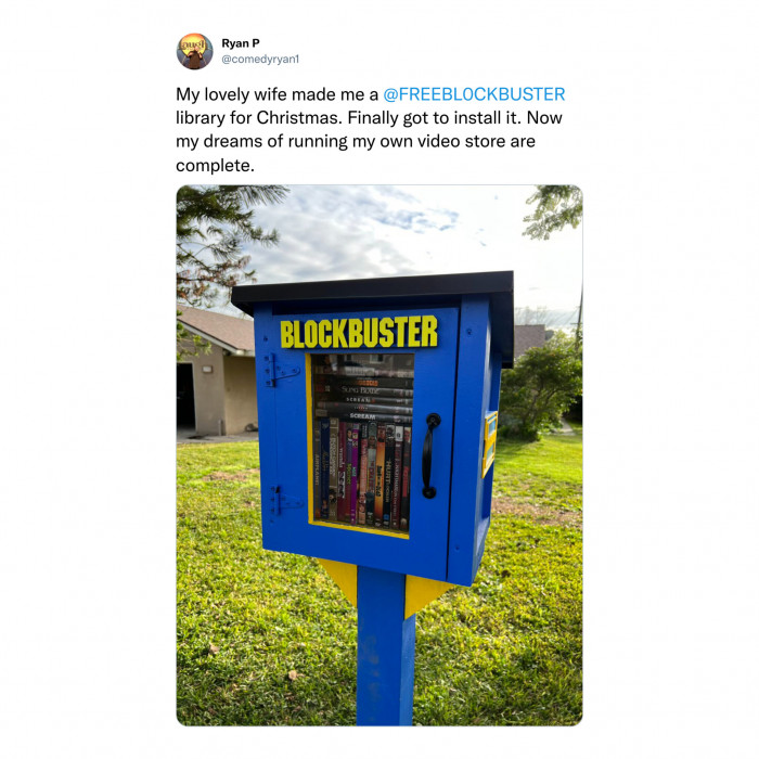 Ryan P (@comedyryan1) was surprised to receive a free Blockbuster box as a Christmas gift from his wife.