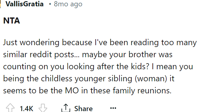 A Redditor asked if they were expecting her to look after the children