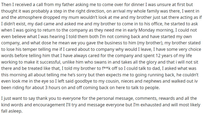 OP's father started to ask when he was going to return to the company as they need him