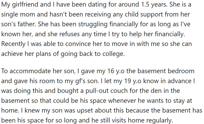 Realizing his girlfriend had been struggling financially for a long time and was refusing help, OP convinced her to move in with him so she could work towards going back to college