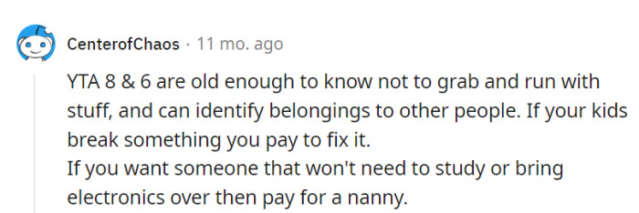 The parent should take responsibility when their 8 and 6-year-old children break something.