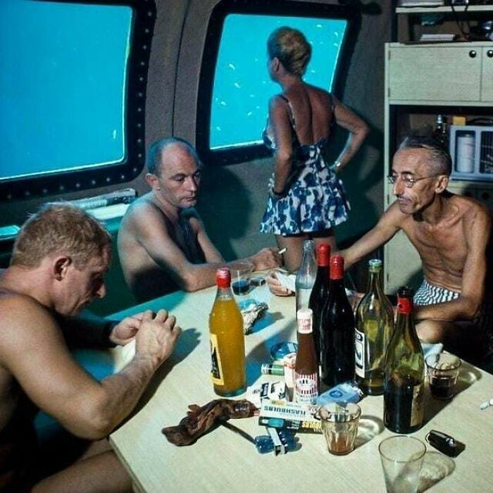 35. In 1963, Jacques Cousteau and his crew find relaxation in a submersible following their work during the Conshelf Two expedition