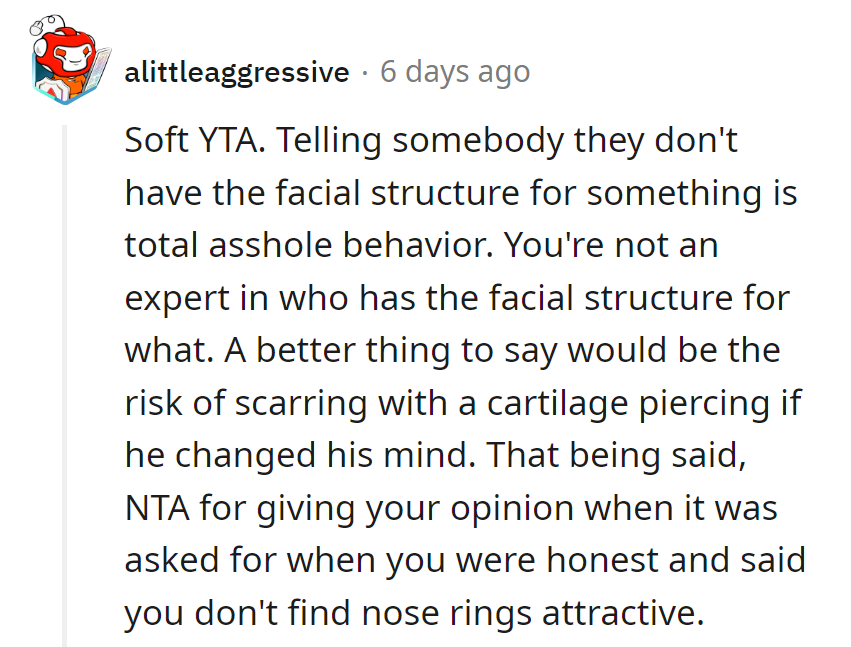 Soft YTA: Dodgy face analysis or piercing critique? Keep it honest, less surgical!