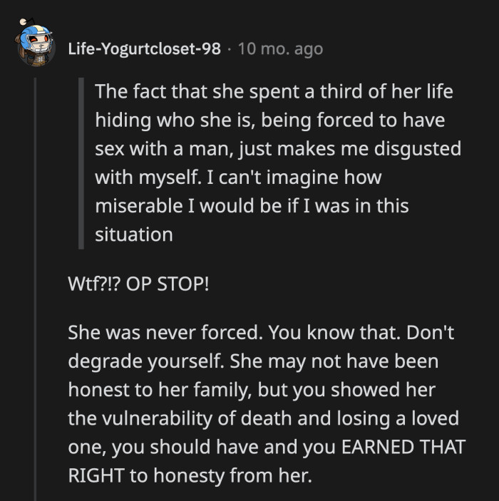 A commenter admonished OP for thinking that he forced his wife to be with him