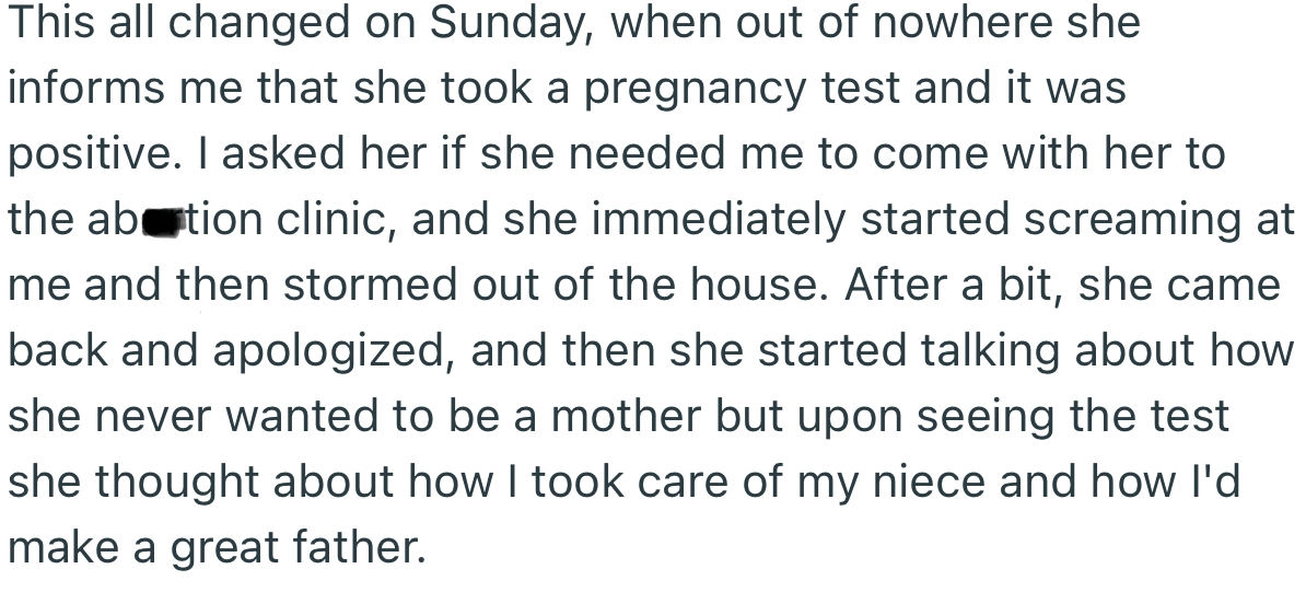 Out of nowhere, OP’s girlfriend announced that she was pregnant and she wanted to keep it