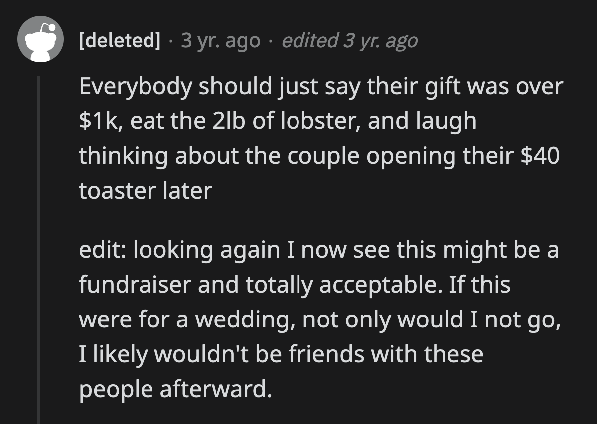How would they even check if the responses to the RSVP were accurate as to the prices of the gifts? Are their wedding guests required to bring receipts?