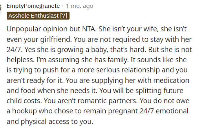 People were a little conflicted in the comments but most told him that he's NTA because they are not in a relationship and were not in a relationship at the time of conception either.