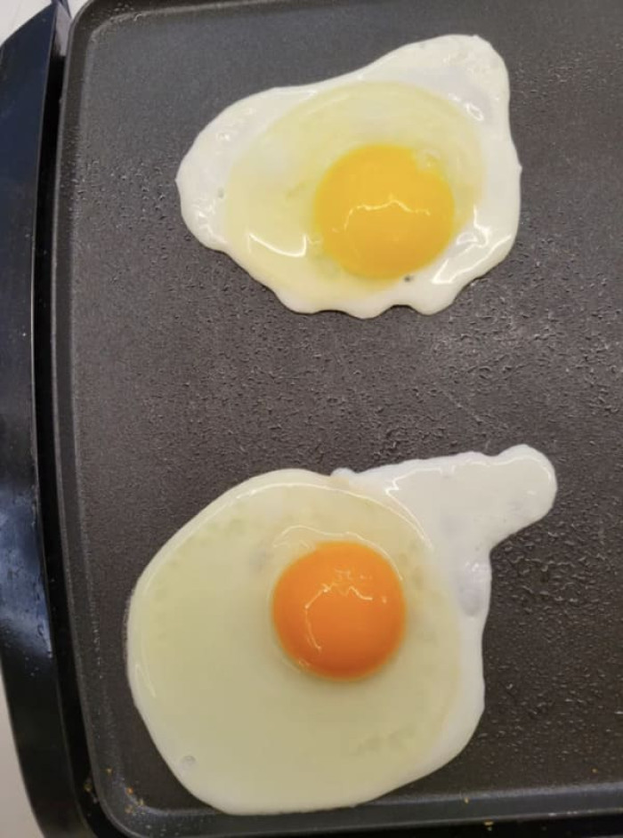 “An egg I bought from a farmer’s market (bottom) compared to a store bought one.”