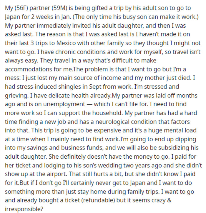 OP's post explains the vacation and why it's happening, as well as the history behind other family vacations and on why she might not go.