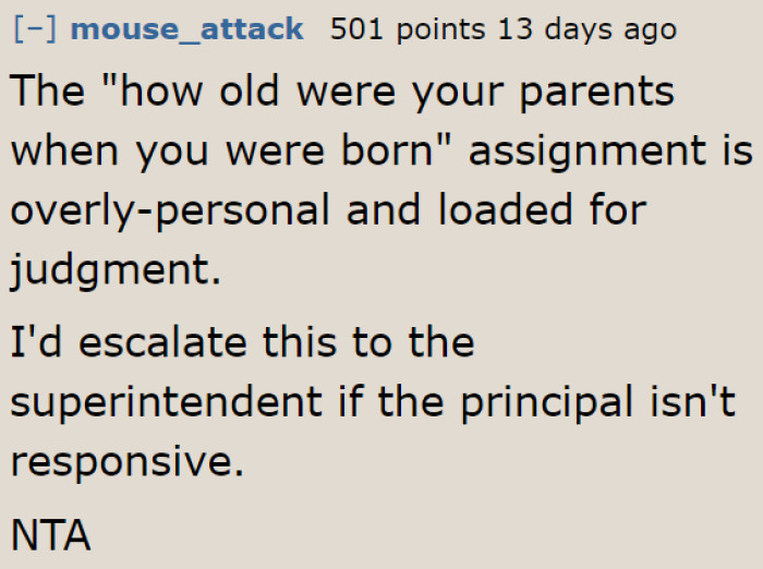 Assignments shouldn't be about the parents' ages.
