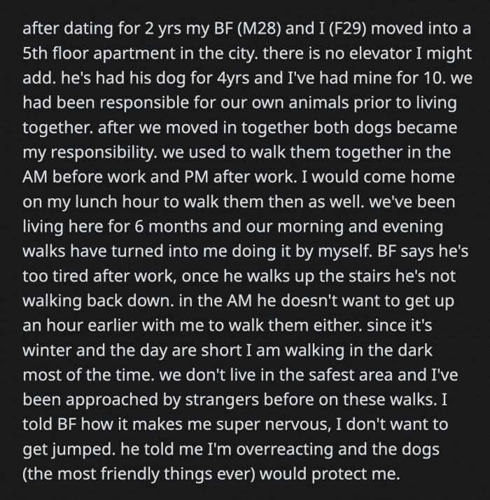 When they went for a hike and her BF's dog slipped on an embankment, OP paid for the vet bill. Her BF said he won't pay her back since they live together.