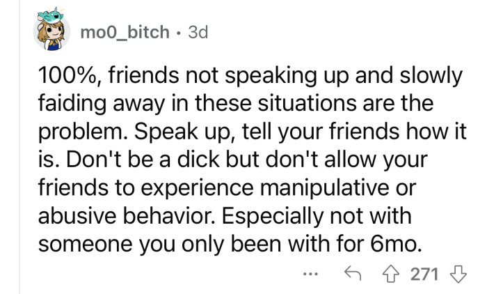 People should protect their friends from their partner's abusive behavior.