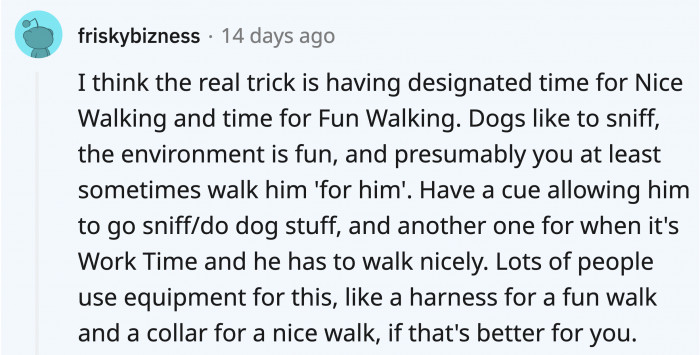 One of the best pieces of advice they offered is for OP to give her dog two kinds of distinguished walks, a walk where the dog needs to play nicely and another one where he can do what he wants