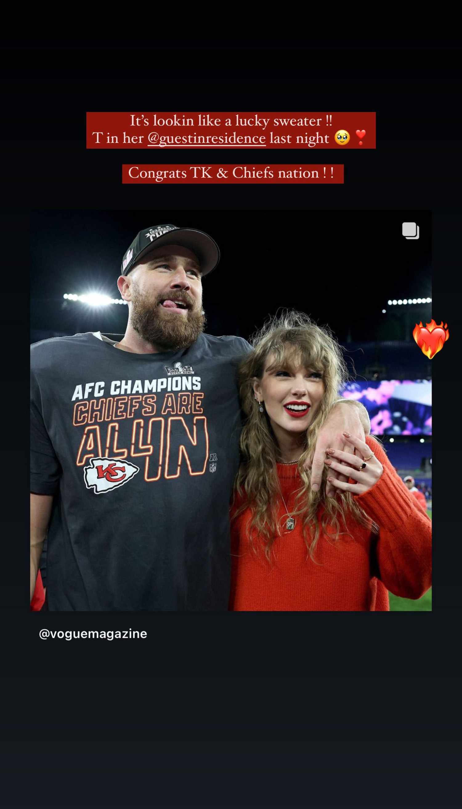 Gigi Hadid posted a picture of Taylor Swift wearing a red sweater from her own brand, 'Guest in Residence,' as the Kansas City Chiefs won against the Baltimore Ravens on January  28.