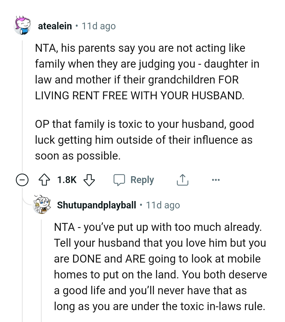 Living rent free with her husband