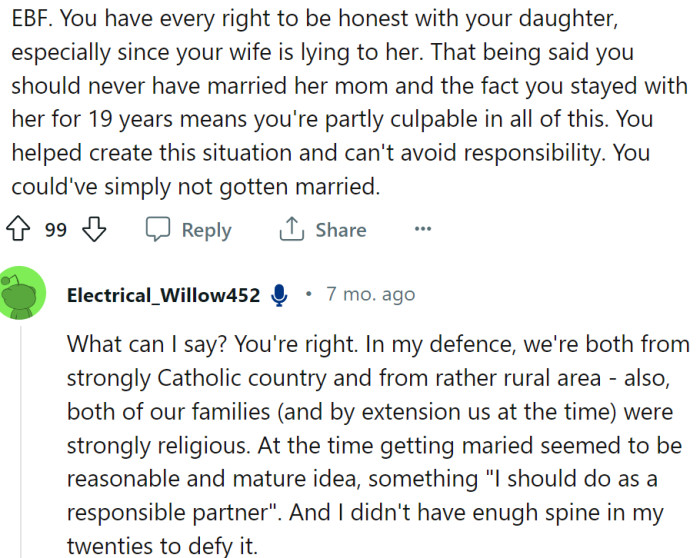 OP and his wife come from religious families, and he believed marrying was the right thing to do at the time.