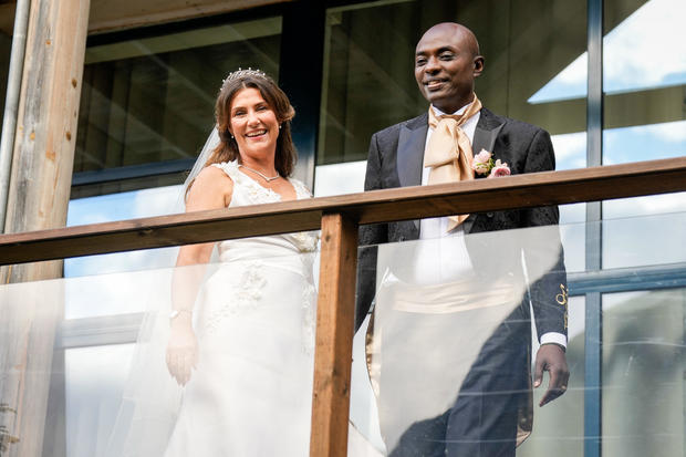 Princess Martha Louise of Norway and Durek Verrett make their entrance at the wedding celebration held at Hotel Unio in Geiranger.