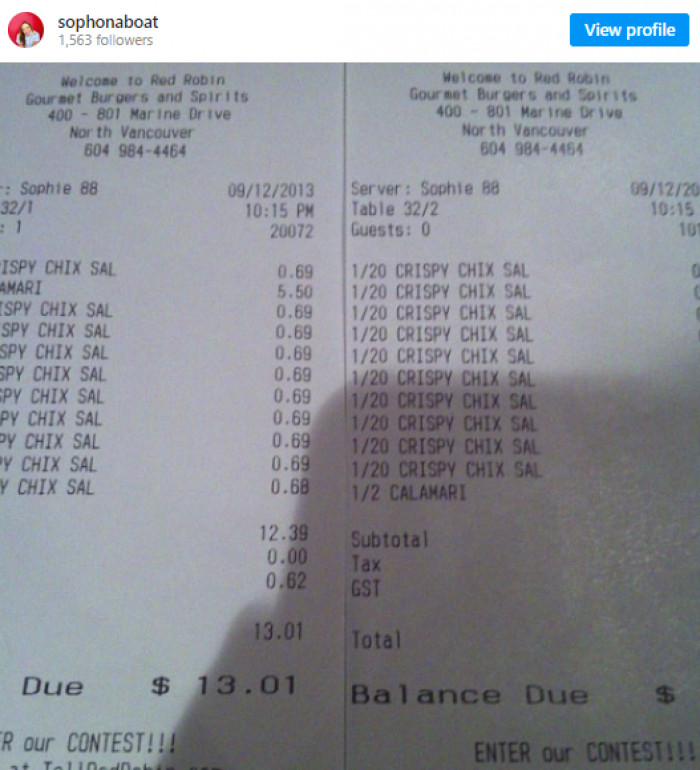 11. The bill was unintentionally divided into 20 instead of two by this server.