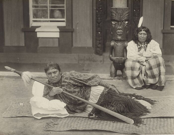 Two Māori Women Outside Huriwhenua Meeting House, Ranana