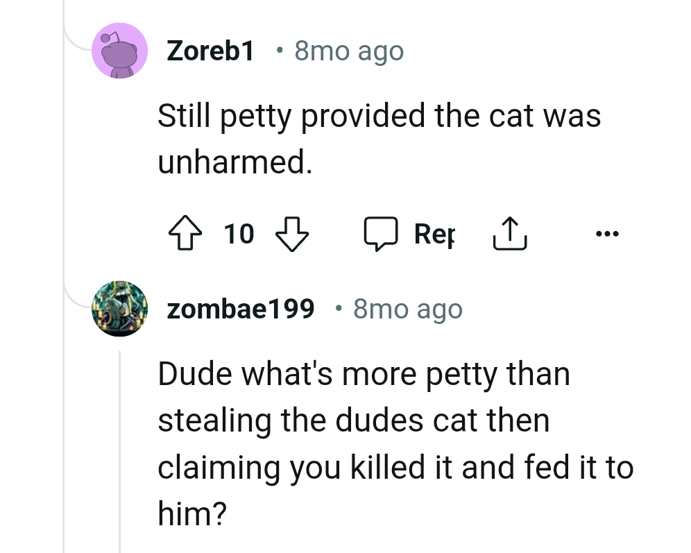 What's more petty than claiming the cat was killed and fed to the abuser?