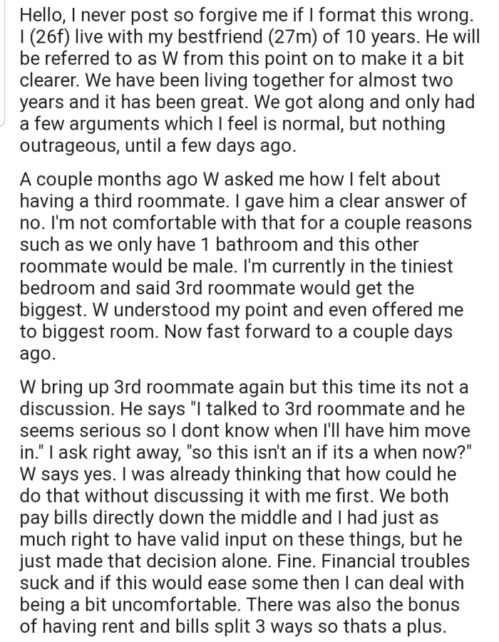 OP's best friend, who doubles as her roommate, decided to bring in a third roommate without considering her opinion