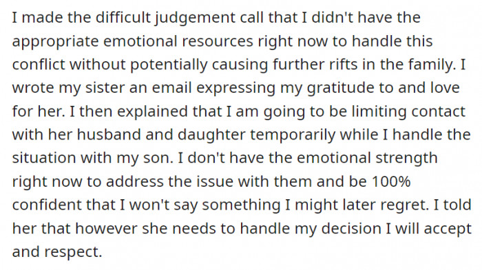 OP emails her and says that he will be limiting contact with her husband and daughter temporarily. He acknowledges his lack of emotional capacity to deal with the issue at the moment.