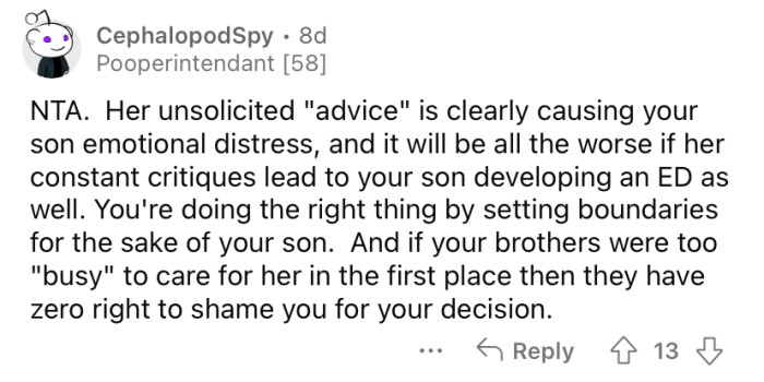 "You're doing the right thing by setting boundaries for the sake of your son."