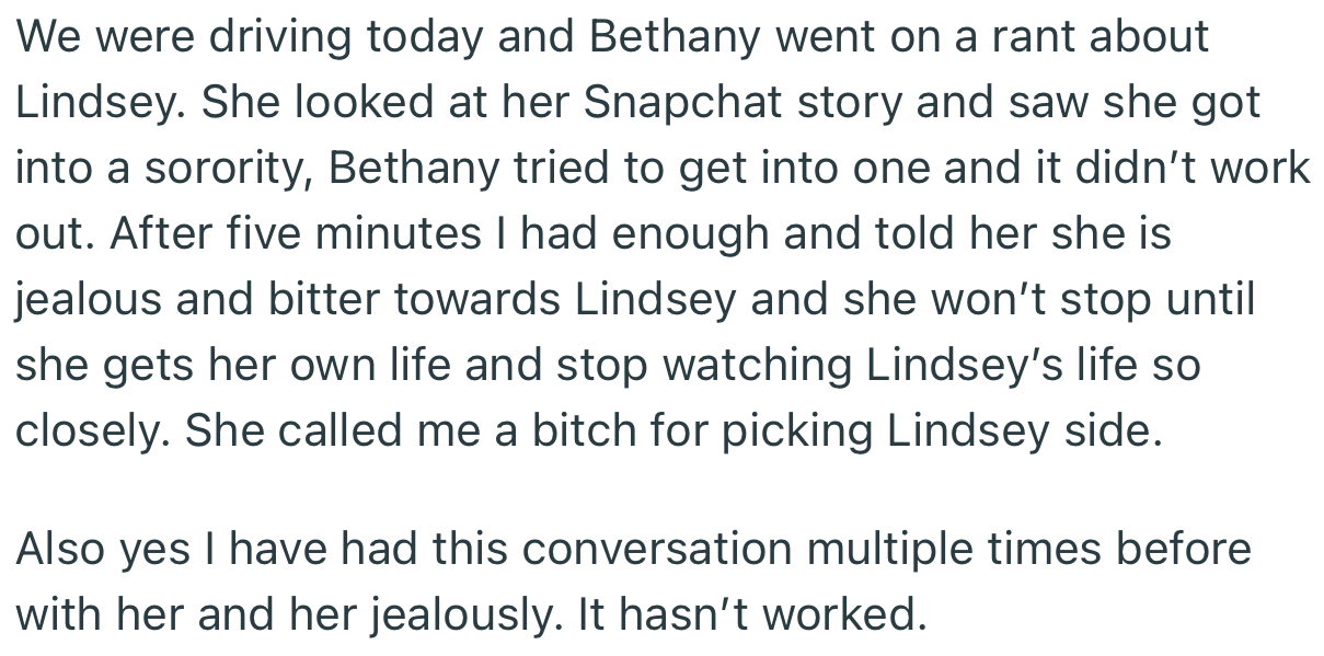 OP got fed up of Bethany’s whining and decided to give her a piece of their mind