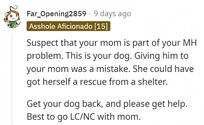 1. The mom could get a dog of her own if she really wanted one