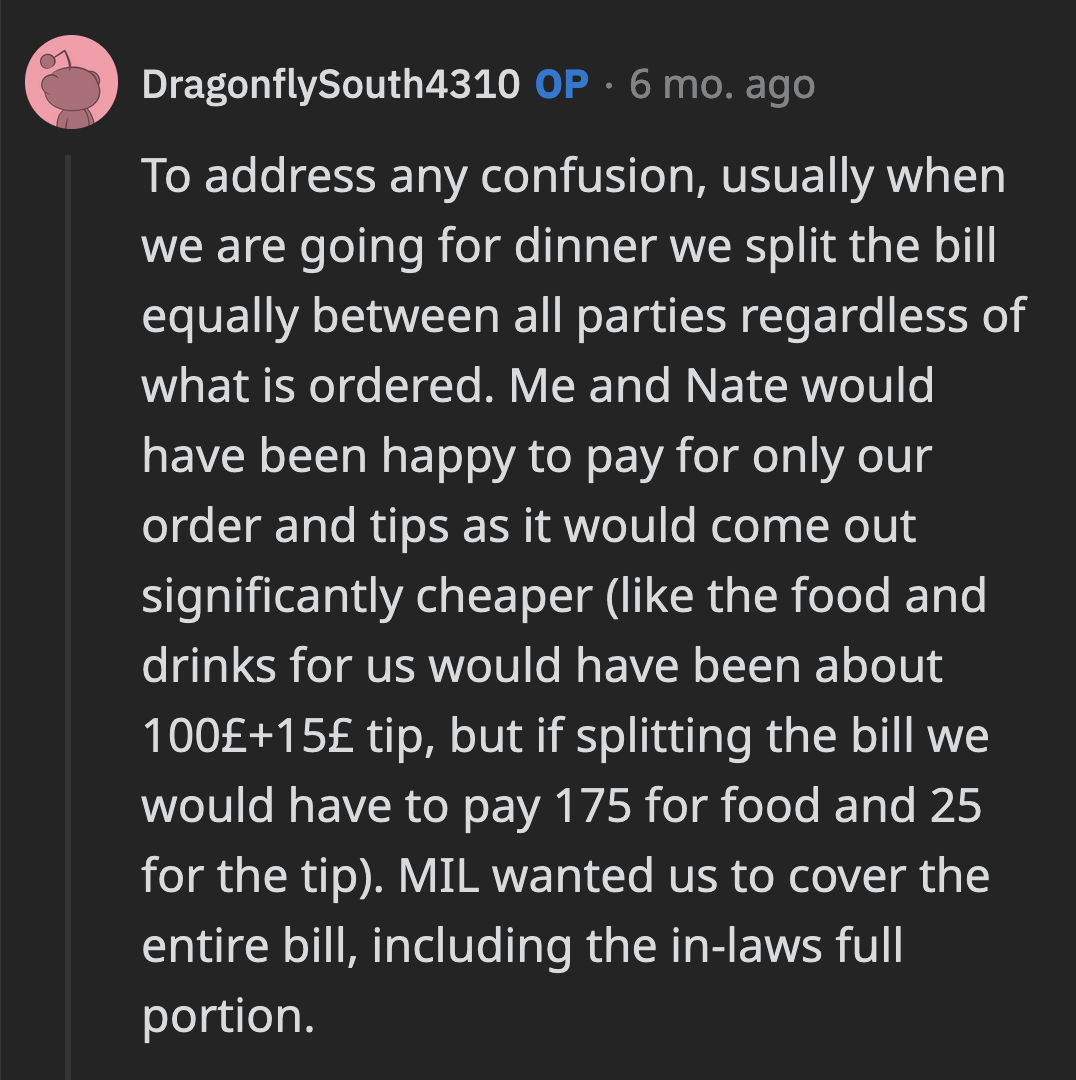 OP explained what they usually did with the bill and why she balked when MIL asked her to cover the entire tab.