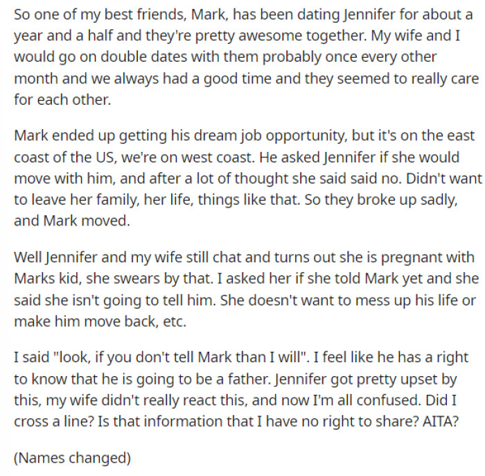 OP essentially gave us the whole situation that happened between his friend and ex-girlfriend and he also gave us details on what's going on now and why she doesn't want to tell him.