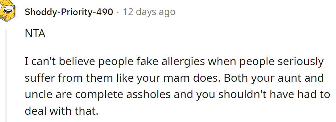 If the aunt fakes her allergies, it says a lot about her character