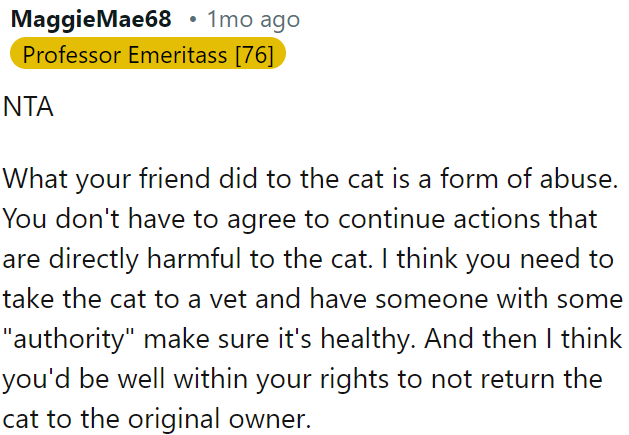 OP's friend's treatment of the cat is abusive.