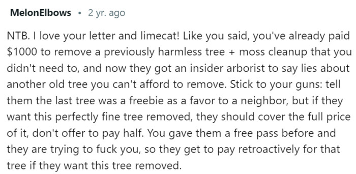 OP already paid $1000 to remove a previously harmless tree